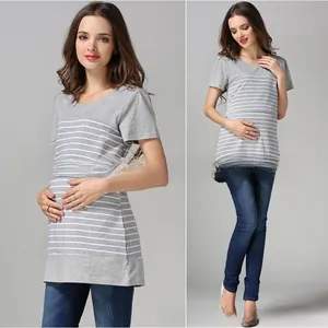 Front and side view of striped cotton maternity nursing T-shirt with gray and white stripes