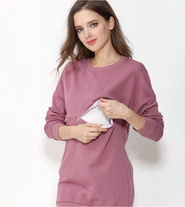 Detail of invisible breastfeeding zippers on a soft cotton mauve maternity sweatshirt
