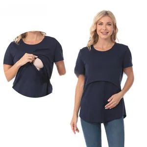 Detail of navy blue nursing t-shirt with functional double-layer nursing opening