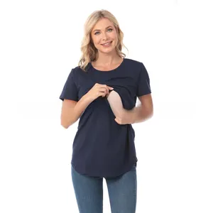 Detail of navy blue nursing t-shirt showing the hidden breastfeeding opening design
