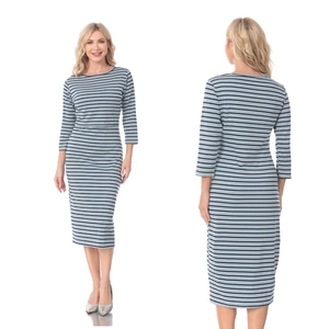 Front and back view of a slim fit maternity dress with blue and black stripes