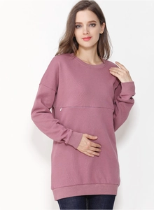 Detail of dusty pink nursing sweatshirt with hidden horizontal zipper and ribbed cuffs