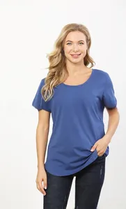 Detailed view of blue short-sleeve nursing T-shirt with diagonal raglan seam design