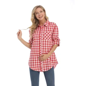 Detail view of red plaid maternity shirt showing button-up front and rollup sleeve tab