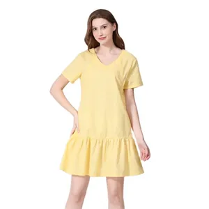 Summer maternity V-neck short sleeve dress in yellow linen blend with ruffle hem
