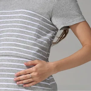 Detail of striped nursing top with lift-up access made from soft cotton fabric