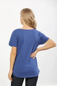 Rear view of a blue maternity nursing t-shirt with a curved hem and round neck