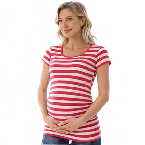 T-Shirt de Maternité Rayé en Modal Doux Avec Fronces Latérales Manches Courtes Col Rond Top de Grossesse Femme Été Décontracté