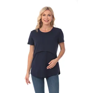 Navy blue maternity nursing top with layered double opening for easy breastfeeding access