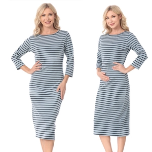 Detail of the blue and black striped maternity dress showing slim fit and round neckline