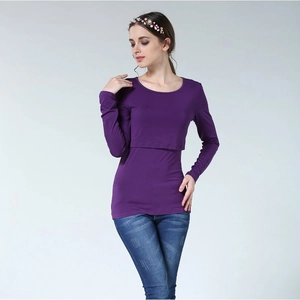 Modal long sleeve maternity nursing top in dark purple with double layer access