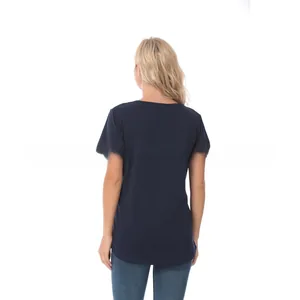 Detail view of the loose curved hem and back fit of this navy blue nursing T-shirt