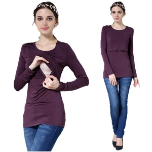 Deep purple modal nursing top for breastfeeding with layered front opening and long sleeves
