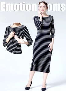Detail of hidden nursing opening on striped maternity dress with long sleeves