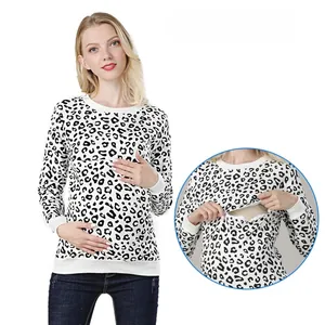 Detail showing the nursing opening on a leopard print maternity sweatshirt with white ribbing