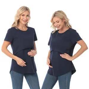 Detail of the layered nursing access design on a dark blue maternity short sleeve t-shirt
