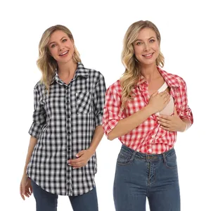 Plaid Maternity Nursing Shirt Long Sleeve V Neck Breastfeeding Blouse For Pregnant Women Cotton Blend Office Casual Top