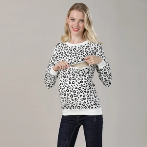 Detail view of cotton maternity nursing sweatshirt with leopard print and nursing opening