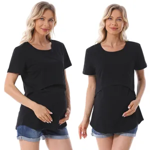 Short sleeve black nursing t-shirt for women with convenient hidden breastfeeding access