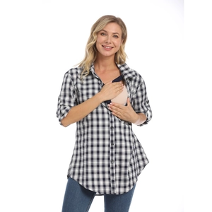 Plaid long sleeve nursing shirt for pregnant women with V-neck and functional feeding access