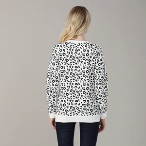 Rear view of a leopard print maternity hoodie with ribbed cuffs and round neckline
