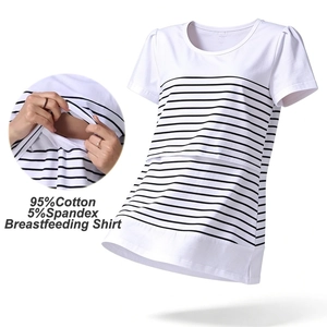 Maternity Nursing T-Shirt Striped Short Sleeve Cotton Patchwork Breastfeeding Top For Pregnant Women Casual Plus Size