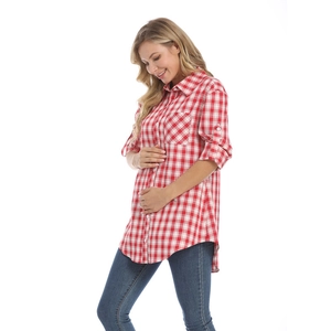 Plaid maternity shirt for office with V-neck and adjustable long-to-three-quarter sleeves