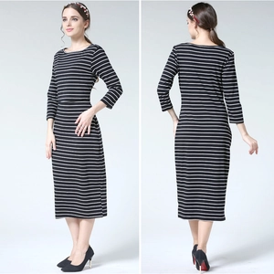 Detail view of maternity striped dress with elastic knit fabric and slim-fit long sleeves