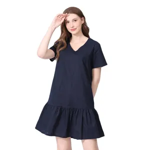 Short sleeve V-neck maternity dress in navy blue cotton linen with ruffle hem