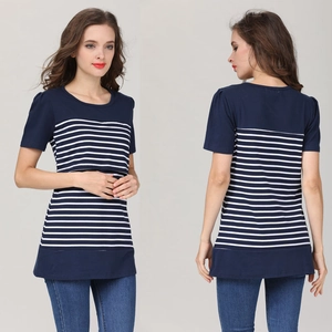 Striped maternity nursing t-shirt in navy blue with easy lift-up access for breastfeeding