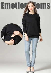 Detail of black cotton nursing sweatshirt showing hidden horizontal nursing zippers