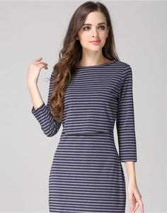 Detail of blue and gray striped maternity dress with long sleeves and slim fit knit texture