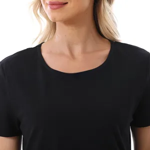 Close-up of black nursing T-shirt showing round neck detail and cotton fabric texture
