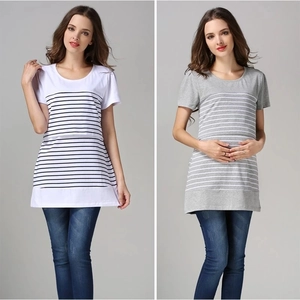 Striped maternity t-shirt with nursing access made of soft cotton in grey and white