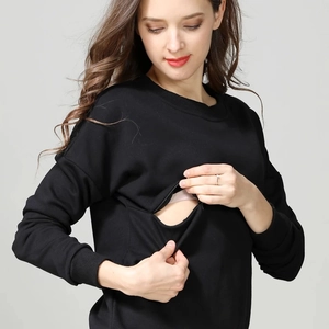 Detail of black maternity sweatshirt showing invisible nursing zipper for easy feeding