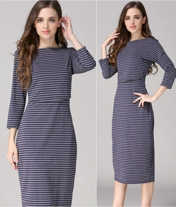 Detail of grey striped maternity nursing dress with a layered design for breastfeeding
