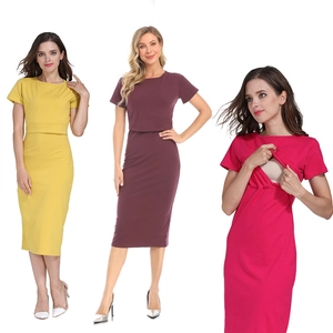 Robe d'Allaitement Maternité en Coton Manches Courtes Coupe Slim Bodycon Robe pour Femmes Enceintes Post-partum