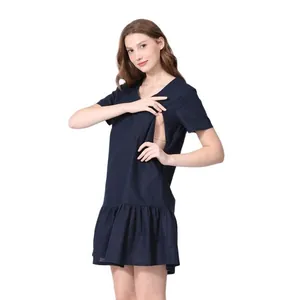 Detail of invisible nursing opening on a navy blue maternity dress with V-neckline