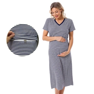 Robe Allaitement Décontractée Col en V Rayée Manches Courtes en Coton pour Femmes Allaitantes Robe Été Loungewear