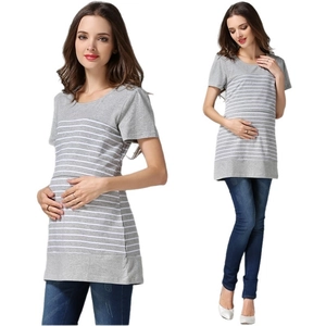 Striped cotton maternity t-shirt for nursing with round neck and breastfeeding access
