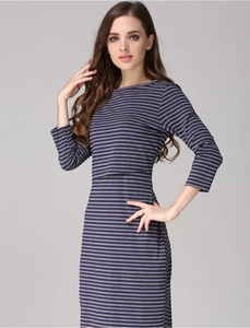 Detail of breastfeeding access on a slim fit striped maternity dress with long sleeves