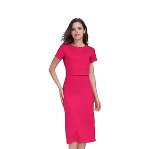 Robe de maternité rouge rose à manches courtes et coupe ajustée en coton pour l'été