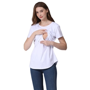 Close-up of double-layer nursing opening on a white short-sleeve maternity T-shirt