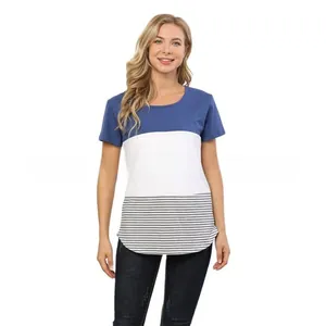 Detail of color-blocked maternity nursing tee with blue, white and striped cotton panels
