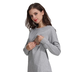 Gray cotton nursing sweatshirt with hidden zippers for breastfeeding and long sleeves