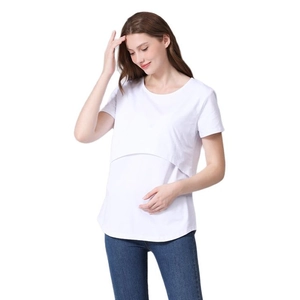 Detail of the hidden double-layer breastfeeding opening on a white short sleeve nursing top