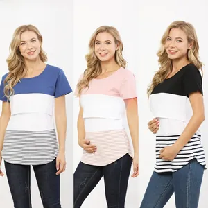 Detail of the discreet nursing access on striped maternity tops in various colors