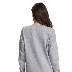 Back view of a light heather grey maternity sweatshirt with comfortable drop shoulders