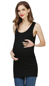 Close-up of black maternity tank top featuring side ruching and elastic modal fabric