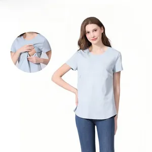 Detail of light blue cotton nursing T-shirt showing discreet zipper for easy breastfeeding